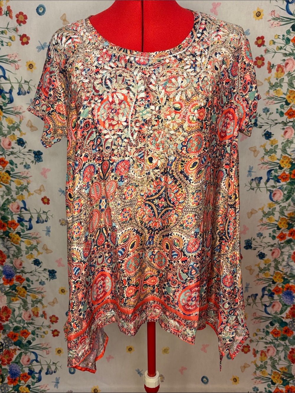 Love Kyla - Boho Flowy Silk Paisley Hand-Embroidered Short-Sleeve Tunic Top